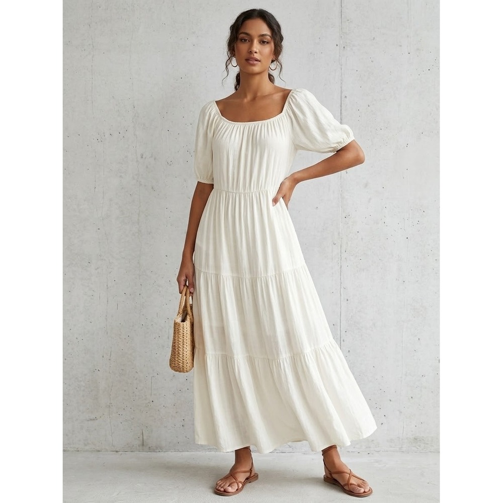 NSR Cottagecore Boho Tiered Puff Sleeve Square Neck Maxi Dress White Large